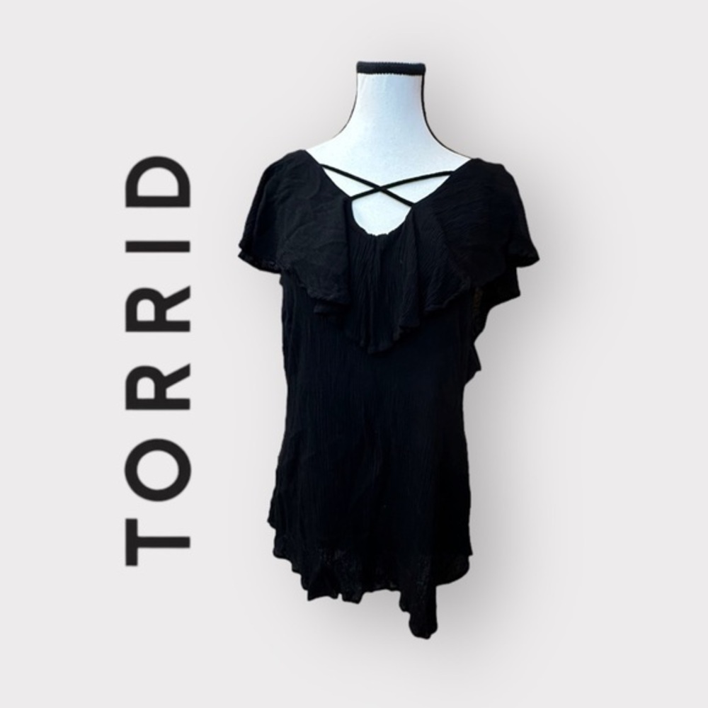 NWOT Women’s Torrid 2 Black Flutter Cross Neck Crepe Top 2X 2XL XXL 18 20